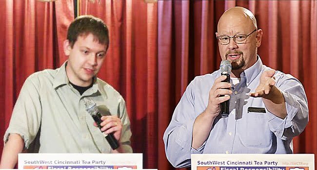 Cincinnati Tea Party Leaders Justin Binik-Thomas (Left) and George Brunemann (Right) speaking at a Tea Party Patriots event in Ohio. Both are scheduled to speak at the Tea Party Patriots Audit the IRS rally.